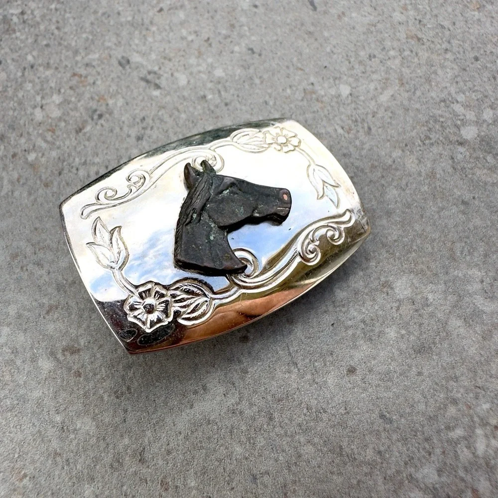 Vintage Silver Metal Small Belt Buckle Horse Head Made in USA Floral Engraved